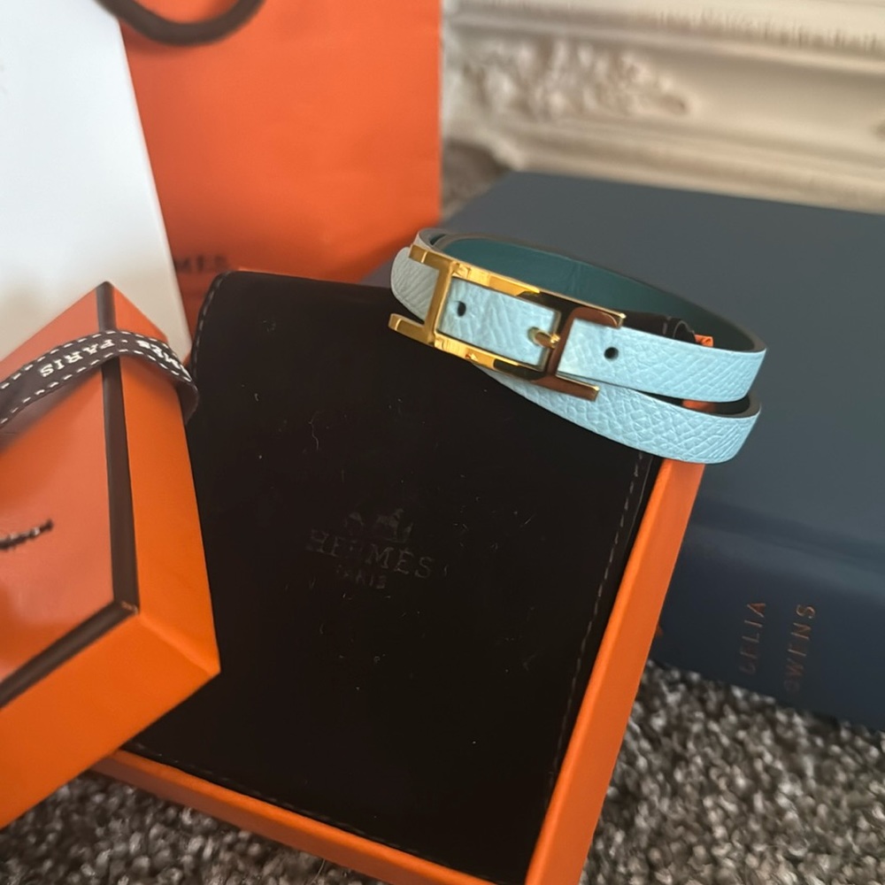 Hermes Light Blue Leather Double Tour Bracelet with Gold H Buckle